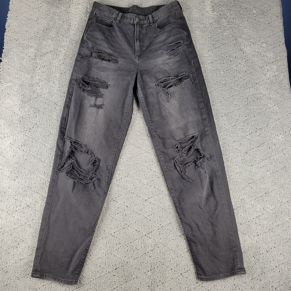 American‎ Eagle Jeans Womens 8 X-Long Black Relaxed Mom High Rise Distressed